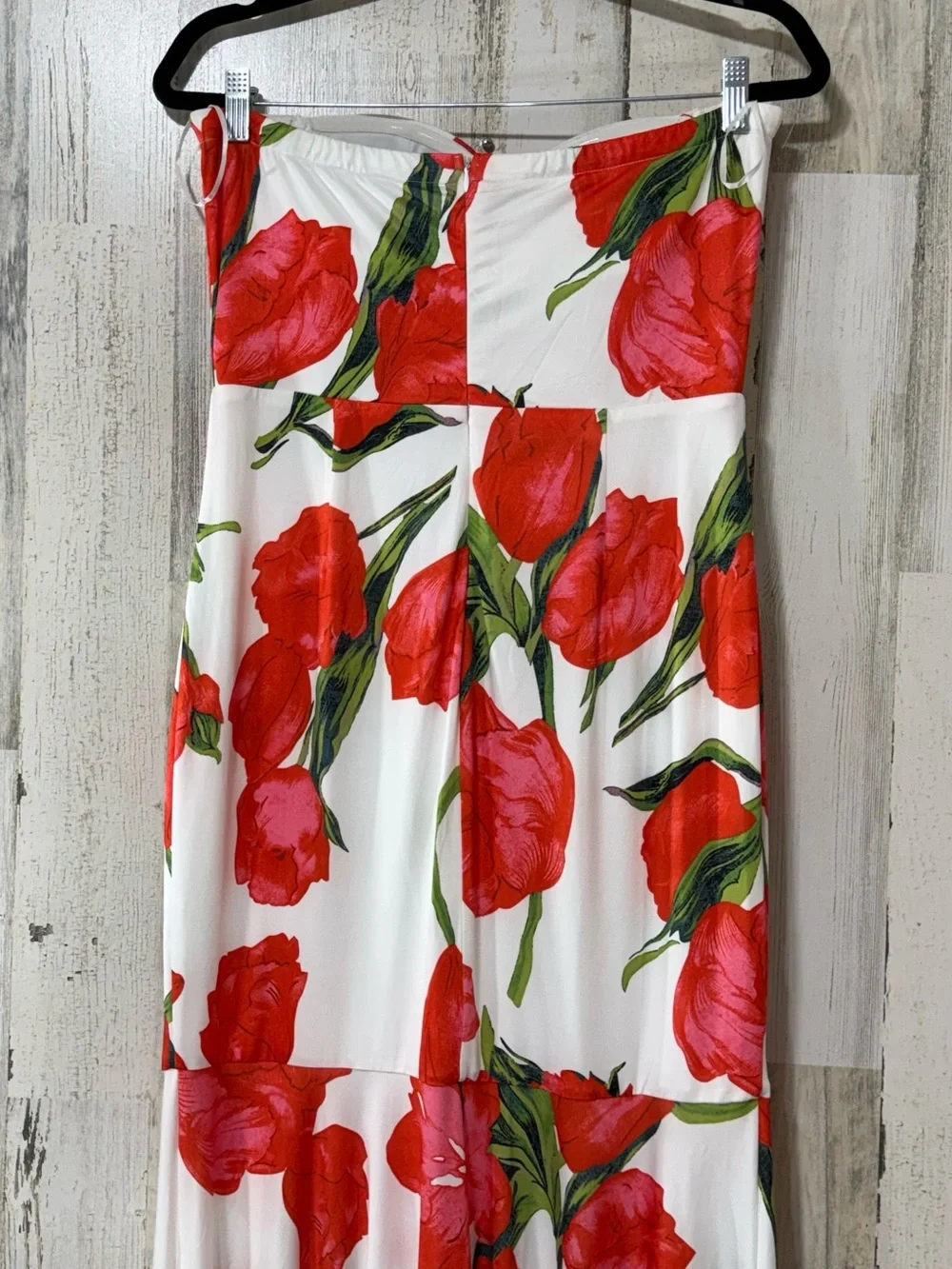 Strapless Mermaid Style Dress with Red Floral Print and Fitted Bodice